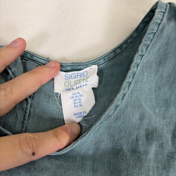 Sigrid Olsen 100% Linen Green Sleeveless Tank Top XL Buttons Up the Back Charity - Picture 2 of 8